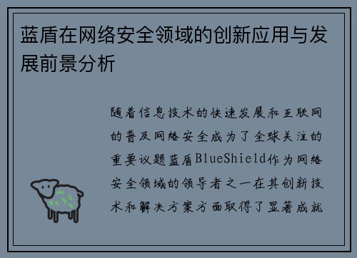 蓝盾在网络安全领域的创新应用与发展前景分析
